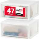 IRIS USA 47 Qt. Extra-Large Stackable Storage Drawer Plastic Drawer Organizer with Clear Doors, for Pantry Bedroom Closet Kitchen Under-Sink Home and Office De-Clutter Shoes and Crafts, White, 2-Pack