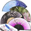 Zonon 4 Pack Handheld Floral Folding Fans Hand Held Silk Bamboo Fans with Tassel Women Hollowed Hand Foldable Fan with Fabric Sleeve for Dancing Wedding Decoration Gifts(Elegant)