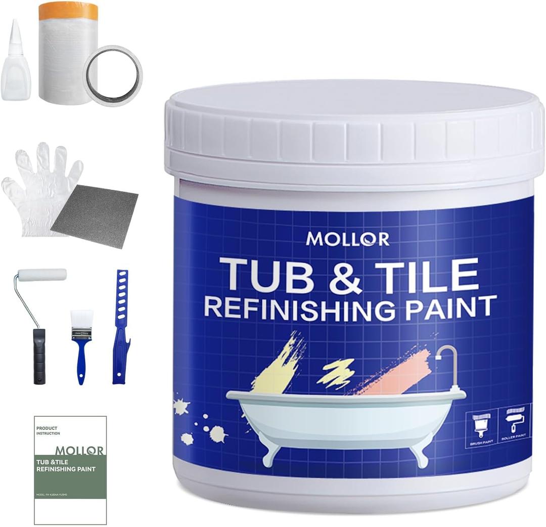 Tub and Tile Refinishing Kit with Tools, 35oz White Tile Paint Water Based & Low Odor, DIY Bathtub Paint, Easy to Use for Bathroom, Kitchen, Porcelain, Floor, Semi-Gloss White,50-60sq.ft
