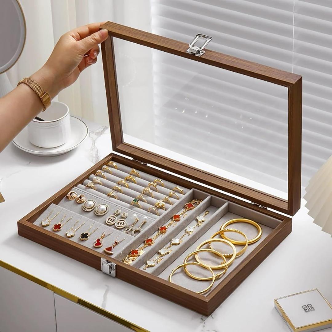 Jewelry Box Organizer for Women, Wooden Jewelry Box Vintage Jewelry Organizer for Earrings Necklace Rings Bracelets Storage, Christmas Birthday Gifts for Women Mom (DarkBrown)
