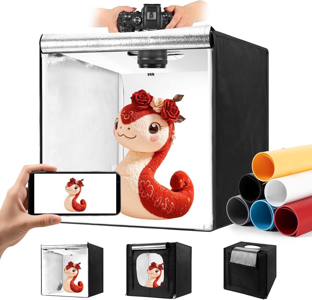 Photo Light Box, Portable 12/16/20/24/32 Inch Photo Studio LightBox, Shooting Tent Kit with 189 Light Beads and 6 Color Backdrops. Lightbox with 3 Stepless Dimming Light Boards for Product Photography