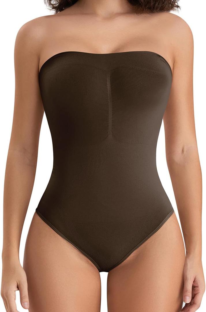 FLORATA Strapless Shapewear for Women, Tummy Control Thong Bodysuits, Seamless Sculpting Body Shaper Tank Top Leotard (Medium, Coffee)