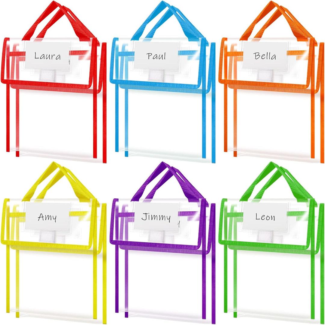 Teling Thick Clear Book Pouches with Blank Name Tags and Handles Book Bags Organizer for School Classroom Library Pockets Students (10 x 12 Inch,Bright Color,12 Pack)