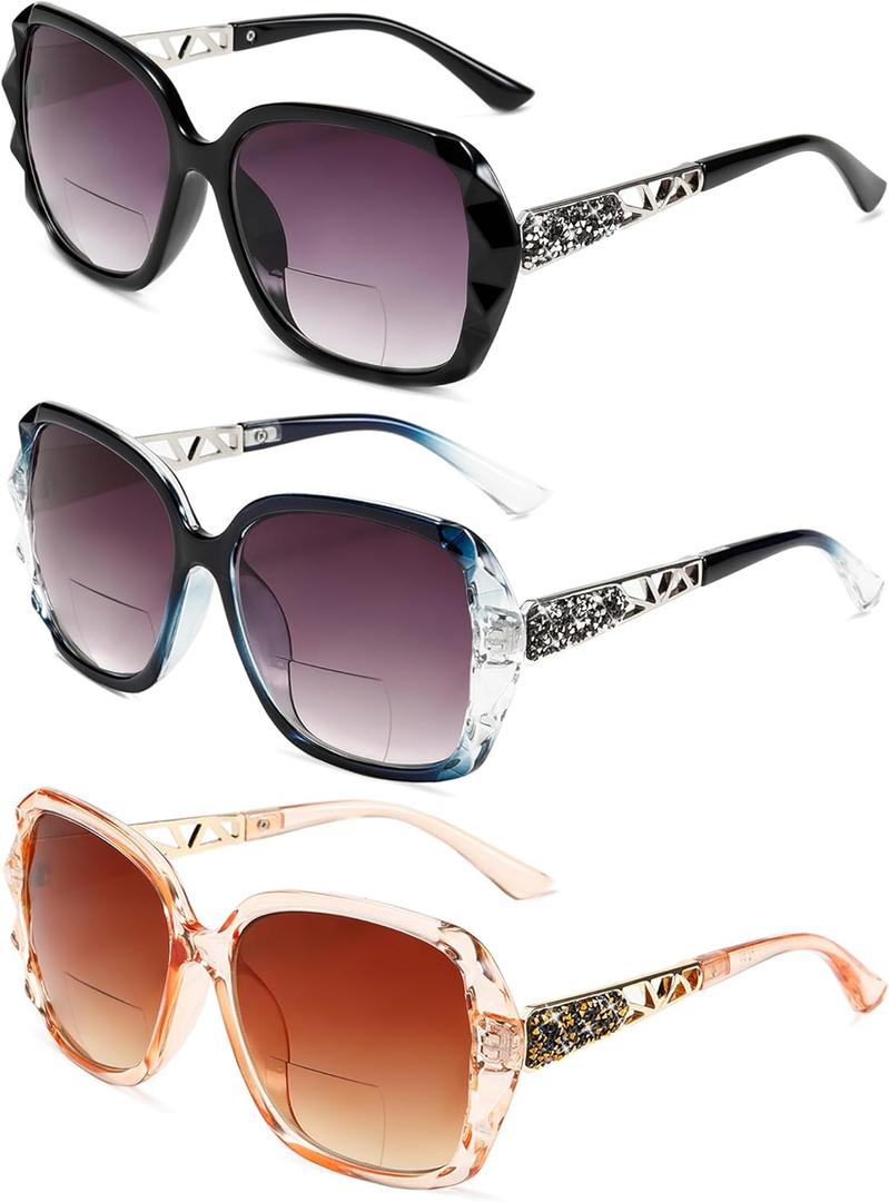 Oversized Bifocal Sunglasses For Women Classic Reading Sunglasses 3 Pack UV400 Sun Readers Glasses Metal Spring