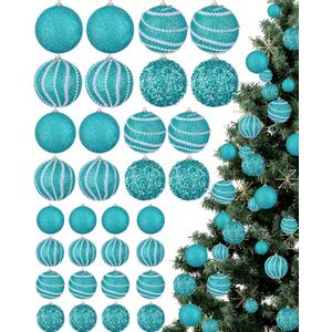Sonwyoung 32 Pcs Christmas Hanging Balls - 3 Size Glitter Pearl & Sequin Xmas Tree Ornaments Pearl Balls for Thanksgiving Day Xmas Trees Wreath Garland Holiday Party(Turquoise)