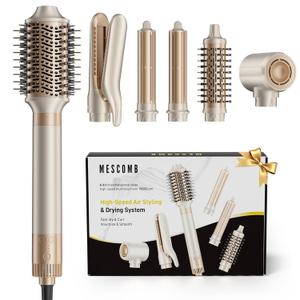 MESCOMB 6-in-1 Hot Air Styler  Hair Dryer & Air Styler with Straightener, Auto Curler, Volumizing Brushes, Frizz-Free Hair Styler for Straighting, Curling, Smoothing & Adding Volume, Not Damage (Champagne Coffee)