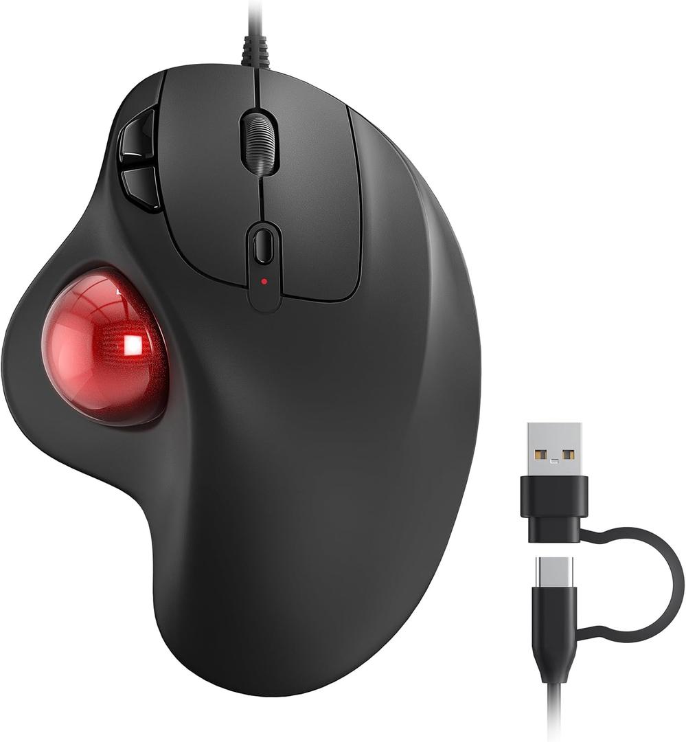 Nulea M509 Trackball Mouse Wired, Ergonomic Design, Easy Thumb Control, Precise & Smooth Tracking, 2in1 Interface (Type A &Type C), Compatible for PC, Laptop, Mac, Windows(Red)