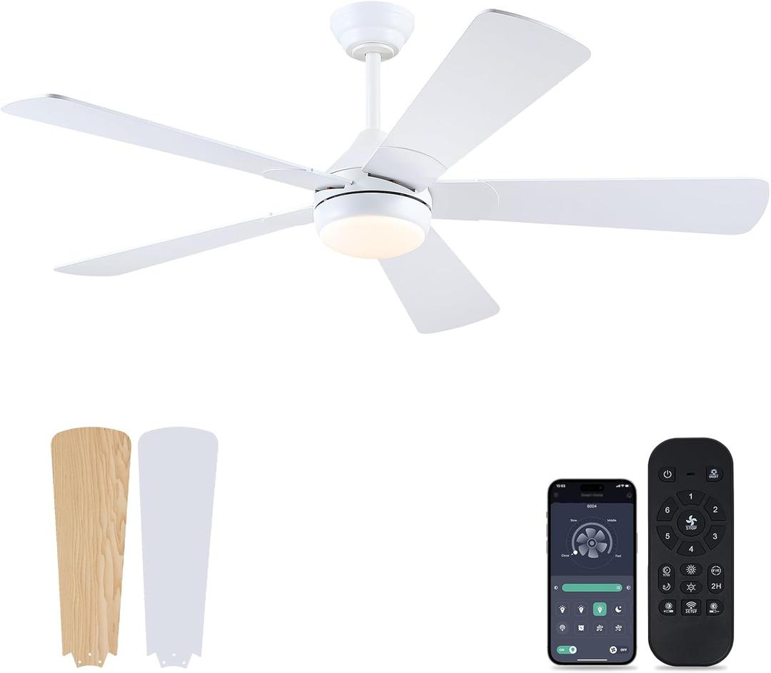 Asyko Ceiling Fans with Lights - 52" Low Profile Ceiling Fan with Led Light and Remote/App, Modern Flush Mount Fan Light Fixture with Reversible DC Motor, Indoor and Outdoor Ceiling Fans-White