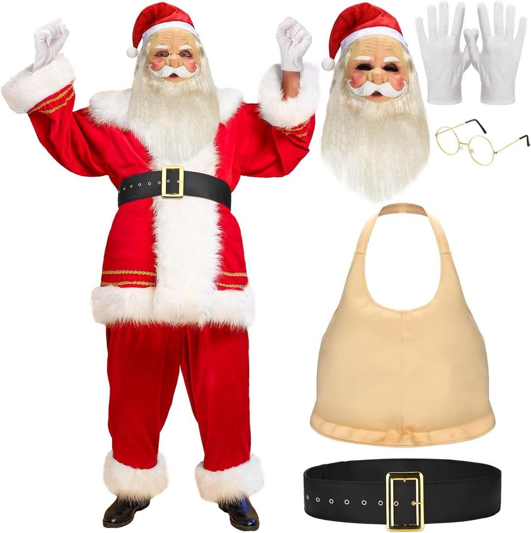 Newcotte 5 Pcs Christmas Character Costume Santa Claus Mask Set Realistic Full Head Latex Mask with Santa Cap Beard, Fake Belly, Glasses, Belt, 1 Pair Gloves Cosplay Accessory for Adults Xmas Party