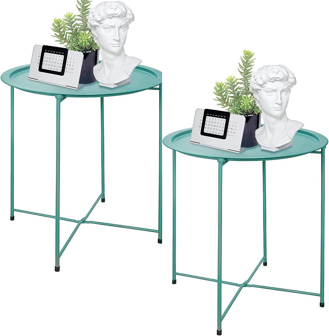 Garden 4 you End Table Set of 2, Outdoor Side Table, Small Patio Table Metal Side Table, Round Folding Side Table, for Outdoor and Living Room,Green, Standard