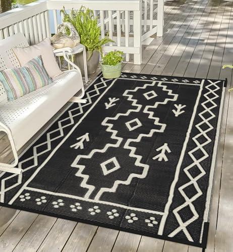 Uphome Outdoor Plastic Straw Rug 6x9 ft, Reversible Waterproof Outdoor Rug Carpet, Black Boho Patio Rug, RV Camping Rug for Outside, Indoor Outdoor Area Rug for Backyard Deck Balcony Picnic, 6'x9'