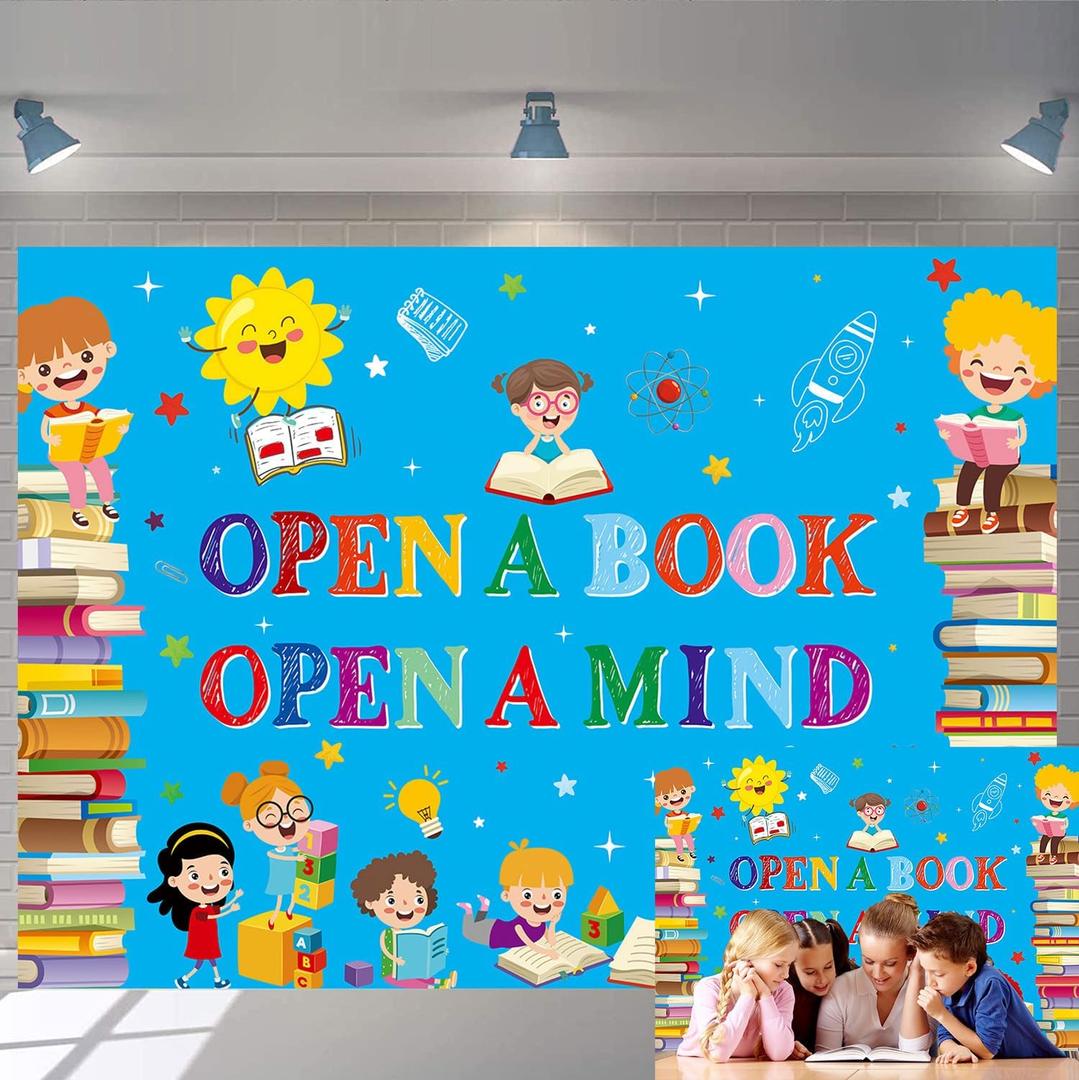 3 x Reading Themed Backdrop Open a Book Open a Mind Background World Book Day Children Students Classroom Party Decorations Library Elementary Banner Photo Booth Props (7X5FT)