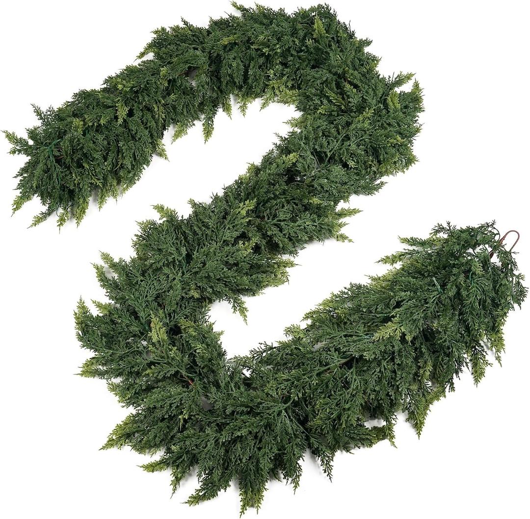 Christmas Garland 9ft Real Touch Realistic Christmas Cedar Garland, Greenery Artificial Christmas Decorations for Table, Mantle, Wall