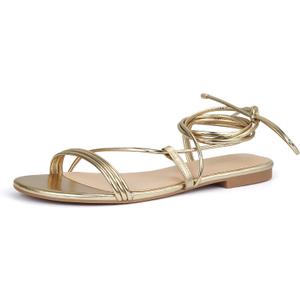 PARTY Women's Strappy Sandals Lace Up Flats Tie Up Open Toe Ankle Strap Shoes (Gold, 10)