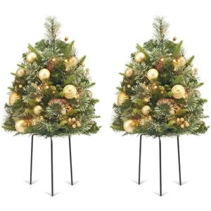 30 Inch Mini Christmas Tree Urn Filler 2 Set, Battery Operated Pre-Lit Artificial Small Xmas Tree, w/ 50 LED Lights and Realistic Carolina Pine for Pathway, Porch, Yard (Gold)