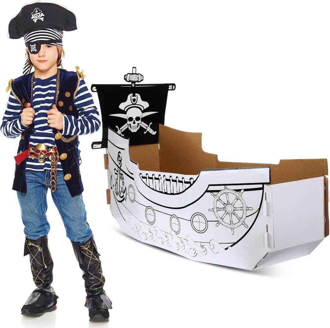 Eaasty Coloring Pirate Ship Cardboard Boat Playhouse for Kids Crafts DIY Large Kids Outdoor Playhouse Toy for Toddlers to Color Pirate Halloween Party Decorations