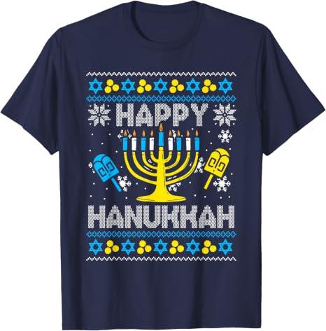Happy Hanukkah Menorah Dreidel Ugly Chanukah Kids Women Men T-Shirt, 4XL