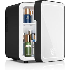 CUTIEWORLD Makeup Fridge With Dimmable LED Light Mirror, 4L Mini Fridge for Bedroom, Car, Office & Dorm, Cooler & Warmer, Portable Small Refrigerator for Cosmetics, Skin Care and Food, Black