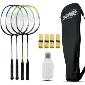 Magicorange Badminton Rackets Set of 4 for Outdoor Backyard Games, Including 4 Racquets,4 Shuttlecocks, 4 Replacement Grip Tapes & 1 Carry Bag (Blue+Green)