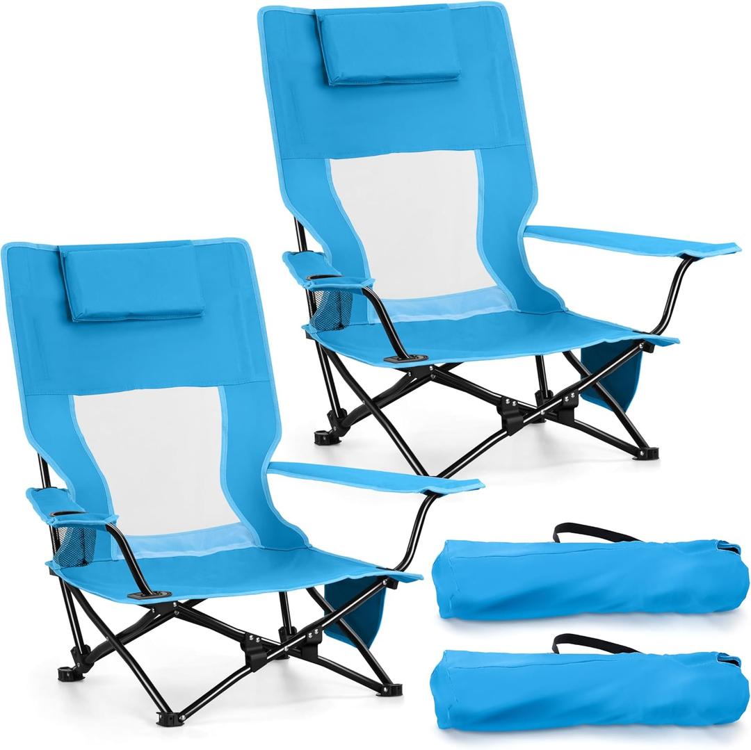 Joyfair High Back Beach Chair, 2 Pack Low Profile Camping Chairs (Blue)