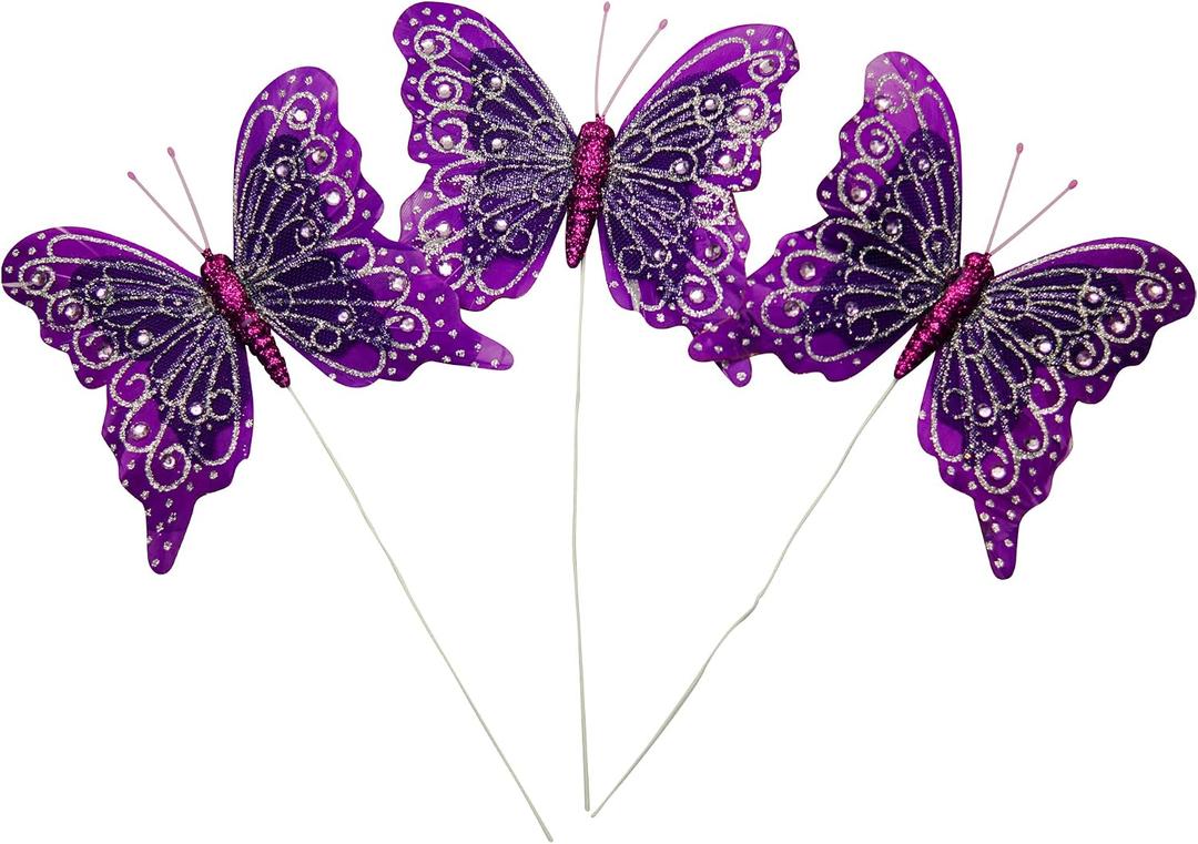 Set of 12 Glitter Monarch Feather Butterflies on Wire for Floral Arrangements and DIY Decorations (Purple/Silver)