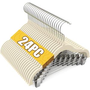 Flottian 24-Pack Baby and Kids Velvet Hangers with Clips, Non Slip and Space-Saving Kids Pants Hangers for Baby/Toddler Pants, Skirts, Coats, Beige