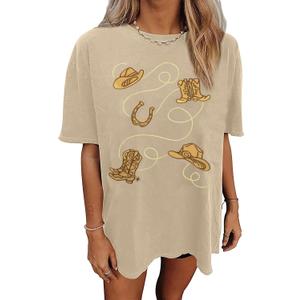 Womens Western Oversized Rodeo Shirt Country Music Tops Western Embroidery Graphic Tee Cowgirl Shirts (Large, Apricot)