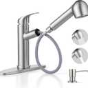 Herogo Kitchen Sink Faucet with Pull Down Sprayer, Small Single Handle Low-Arc Brushed Nickel Stainless Steel Kitchen Faucet, 1-3 Hole with Pop Up Drain, Deck Plate and Supply for RV Outdoor Farmhouse