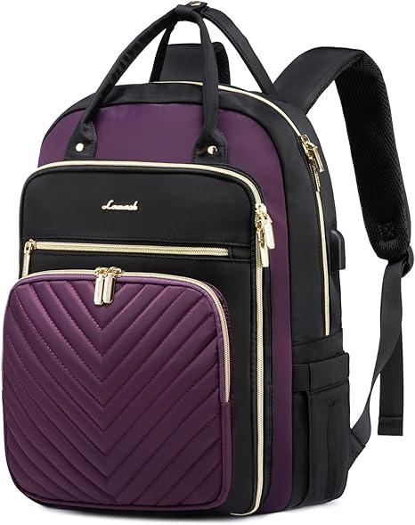 LOVEVOOK Laptop Backpack Purse for Women, Laptop Bag for Travel with USB Port, Water Resistant Lightweight Daypacks for College Work Business, Nurse Teacher Computer Bags, Purple Black
