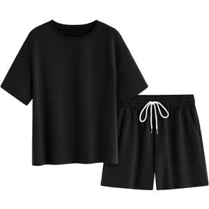 Zenlonr Women's Two Piece Lounge Sets 2026 Summer Casual Oversized Shirts Shorts Matching Airport Travel Outfit, L