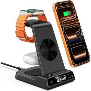 Wireless Charger for iPhone 17, 3 in 1 Charging Station for Apple Watch Watch 11/10/9/8/7/6/5, Ultra 3/SE 3, for iPhone 17/16/15/14/13/12/11/X Series, for Air Pods Pro 3/4/Pro 2 (No Adapter) (Black)