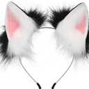 HAOAN Handmade Faux Fur Fox Wolf Ears Headband Halloween Christmas Cosplay Party Costume Accessories (Black Pink)