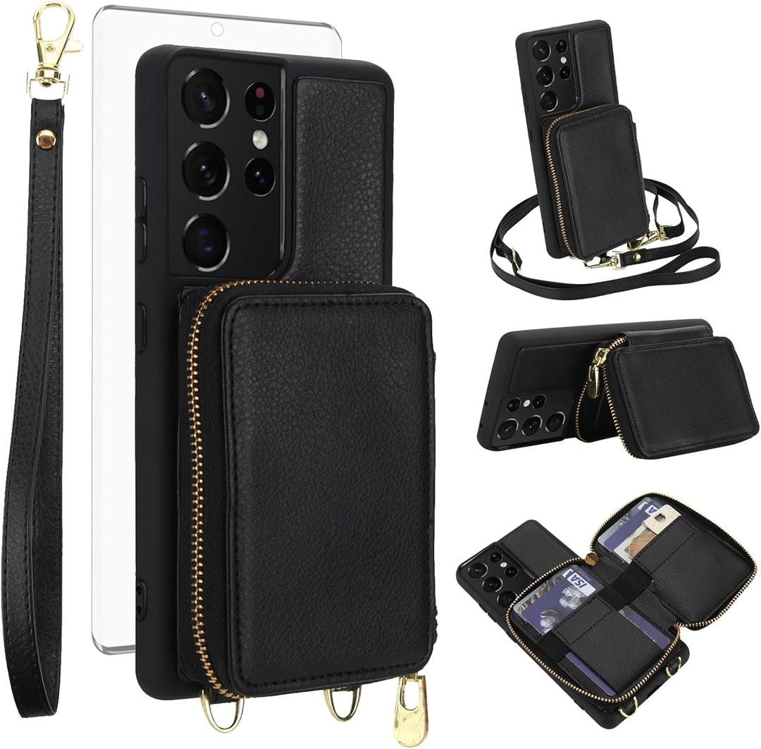 Phone Case for Samsung Galaxy S21 Ultra 5G Wallet Cell Cover with Tempered Glass Screen Protector Crossbody Strap Lanyard RFID Blocking Credit Card Holder S21ultra 21S S 21 21ultra G5 Women Men Black