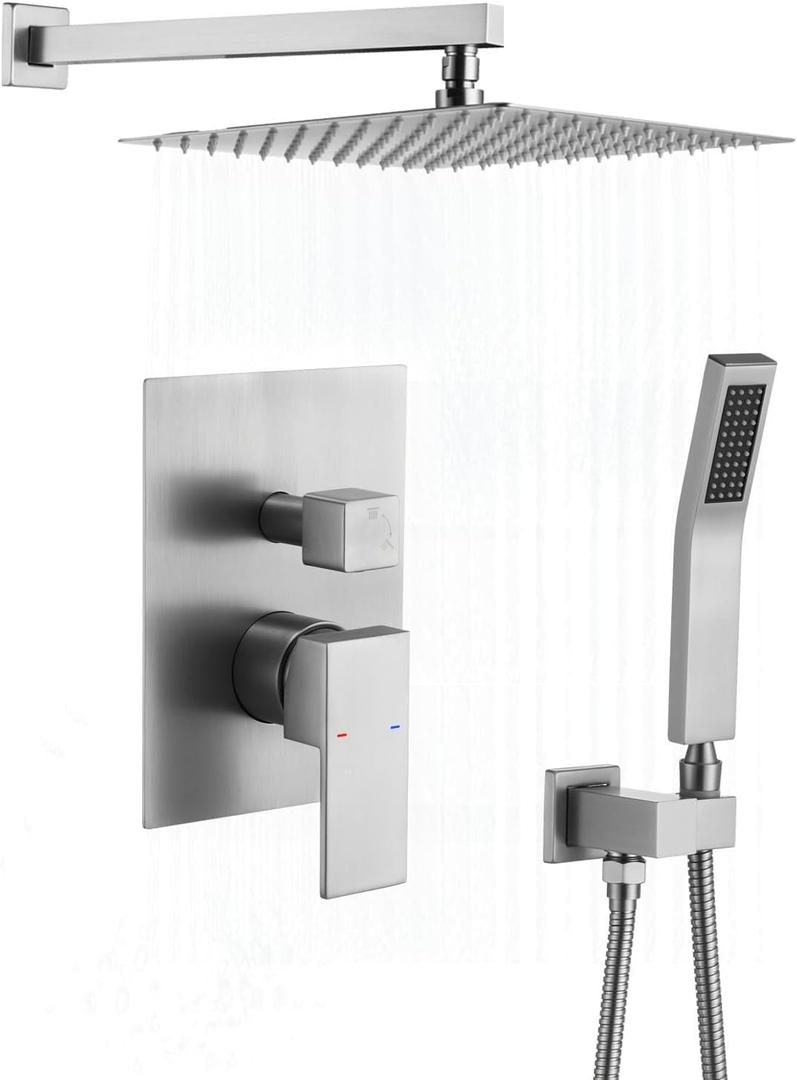 Shower Faucet Set Brushed Nickel Shower System,RomceBath Shower Pressured Balance Brass Valve and Trim Kit 16 Inch Shower Head and Bath Handle Combo set Wall Mounted Tub Shower Faucets Sets Complete
