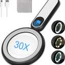 Rechargeable Magnifying Glass with Light, 30X 4.7IN Handheld Large Lightweight Lighted Magnify Len 21 LED 3 Modes Illuminated Book Magnifier forSenior,Reading,Inspection,Coin,JewelryChristmasGift (Black+white)