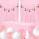 Valentines Day Decorations - 2 Pack Pastel Pink Curtain Party Backdrop, 2pcs Red Pink White Garland with Red Heart Hangings, 10pcs 12inch Ballons and 1pc Tablecloth for Mantle Fireplace Room