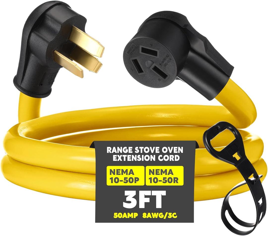 3ft 10-50 50Amp Extension Cord Compatible with NEMA 10-50 Male Plug to 10-50 Female Receptacle, 50 A 3 Prong Electric Range Oven Stove Extension Power Cord, STW 8 AWG/3C Gauge, 250V, 12500W