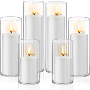 12 PCS White Pillar Candles with Glass Candle Holders Clear Hurricane Candle Holders Glass Cylinder Vases for Centerpieces Wedding Party, Event, Home Office (6 Candles+6 Candle Hoders)