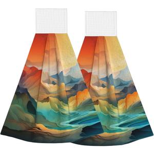 Hanging Kitchen Towels with Loop Set of 2 Boho Colored Mountains Drying Hand Tie Towel Soft Vintage Dish Cloth Tea Towels for Bathroom Farmhouse Home Decor