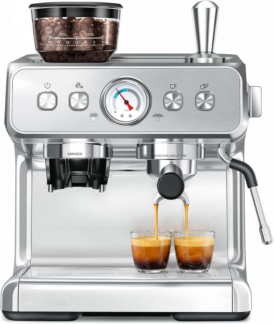 COWSAR Espresso Machine with Grinder, 20 Bar Automatic Espresso Maker, Milk Frother Steam Wand, PID Temperature Control, 58mm Brewing System, Removable Water Tank, Perfect for Cappuccino & Latte (EXP 05/07/27)