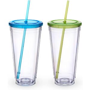Zukro Clear Acrylic Tumbler with Straw and Lid 32 oz, Double Walled Insulated Reusable Plastic Iced Coffee Cup, To Go Cup Perfect for Parties, Birthdays, Fit in Cupholder, BPA Free, 2 Pack (Blue & Lime)