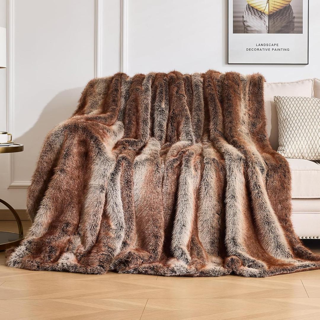 OMERAI Faux Fur Blanket, Ultra Soft Luxury Fuzzy Throw Blanket, Long Pile Plush Cozy Warm Decorative Blanket for Couch, Sofa, Chair, Bed, Heavy Weight, 60" x 80", Chestnut Russet Blend