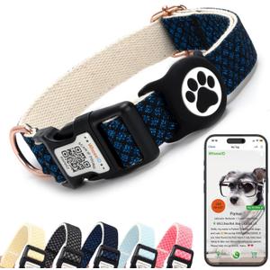 WhoseID Dog Collar with Waterproof AirTag Holder & Anti-Lost QR Code, Cute Bling Warpping Adjustable Width for Small Medium Large Pet (Blue, L)