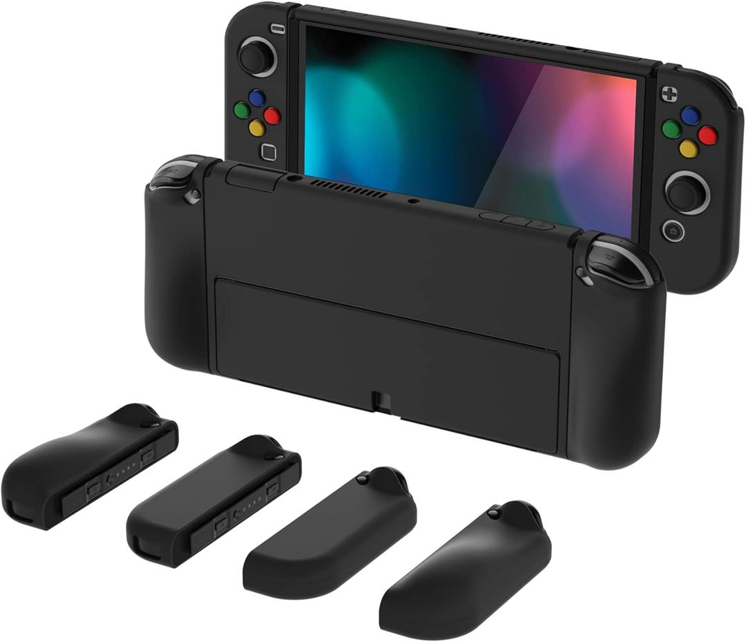 PlayVital AlterGrips Protective Slim Case for Nintendo Switch OLED, Ergonomic Grip Cover for Joycon, Dockable Hard Shell for Switch OLED w/Thumb Grip Caps & Button Caps (Black)