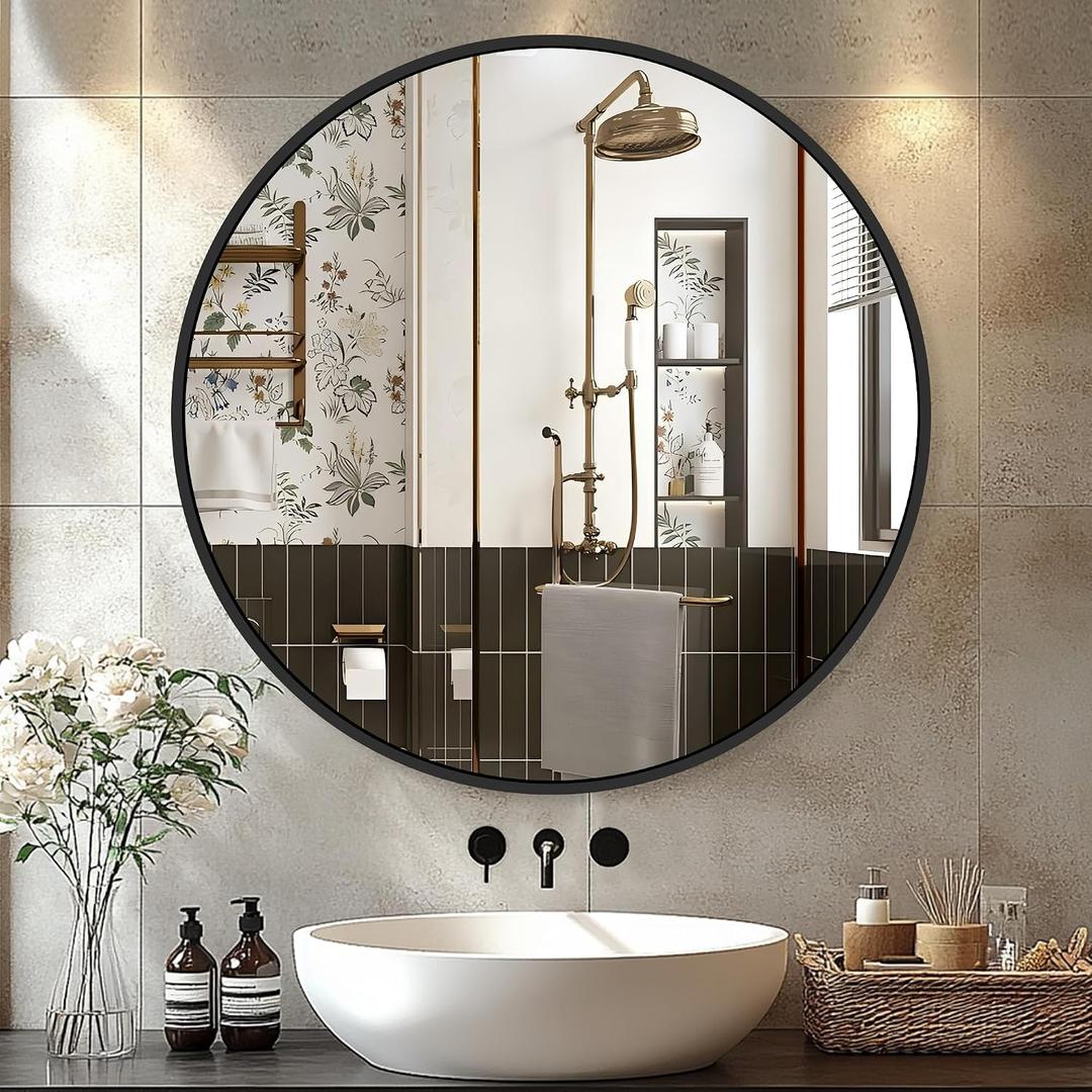 Black Round Mirror 22 Inch, Circle Wall Mirrors with Metal Frame, Wall Mounted Circular Mirror for Bathroom, Vanity, Entryway, Living Room, Hallway, Wall Decor