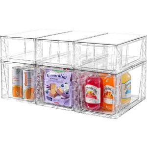 6Pack Pantry Organizers and Storage,Clear Stackable Kitchen Storage Organizer,Foods Organizer Bins with Handles, Easily Assemble for Bathroom, Kitchen, Refrigerator, Pantry, Cabinet, Closet (3 Medium + 3 Large)
