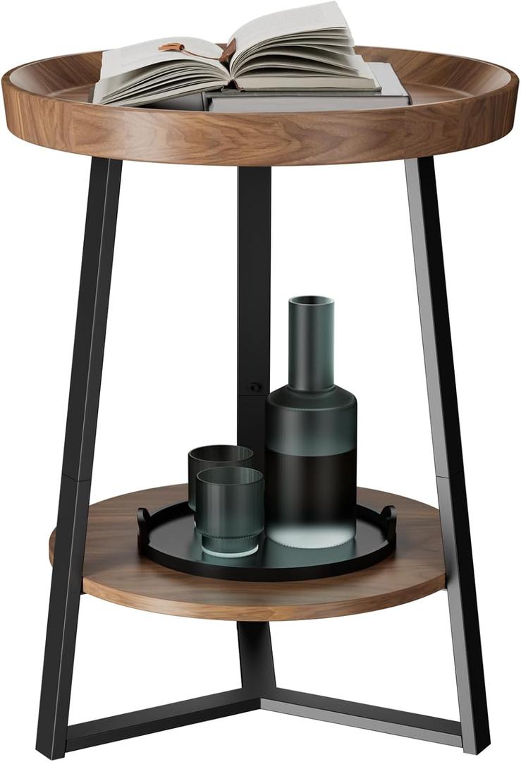Gadroad Round End Table with Storage Shelf, 2 Tier Farmhouse Side Table Nightstand for Living Room, Bedroom, Wood Tabletop & Black Metal Frame, Brown 15.7 * 15.7 * 23.0inches