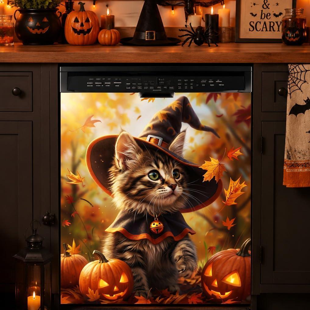 Removable Dishwasher Magnetic Cover, 25.59x23.03in, Waterproof Reusable Magnet for Kitchen Appliance Decor (Pumpkin Kitten, 25.59x23.03in)