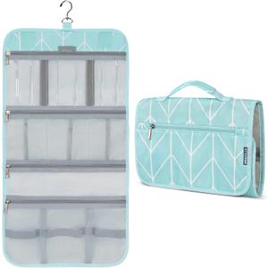 PAVILIA Hanging Toiletry Bag Women Men, Travel Kit Foldable Large Toiletries Organizer, Roll up Cosmetics Makeup Bag Accessories, Waterproof Essentials Jewelry Case (Teal Chevron)
