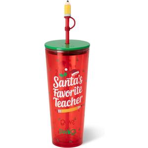 Swig Life 24Oz Plastic Tumbler, Cup Holder Friendly Travel Tumbler with Lid & Straw, BPA Free Plastic Cups, 24 oz Reusable Water Cup with Lid & Straw (Santa's Favorite Teacher)